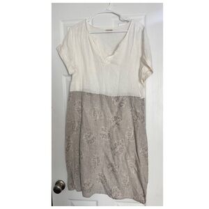 Two-Tone Linen Dress with Leaf Print